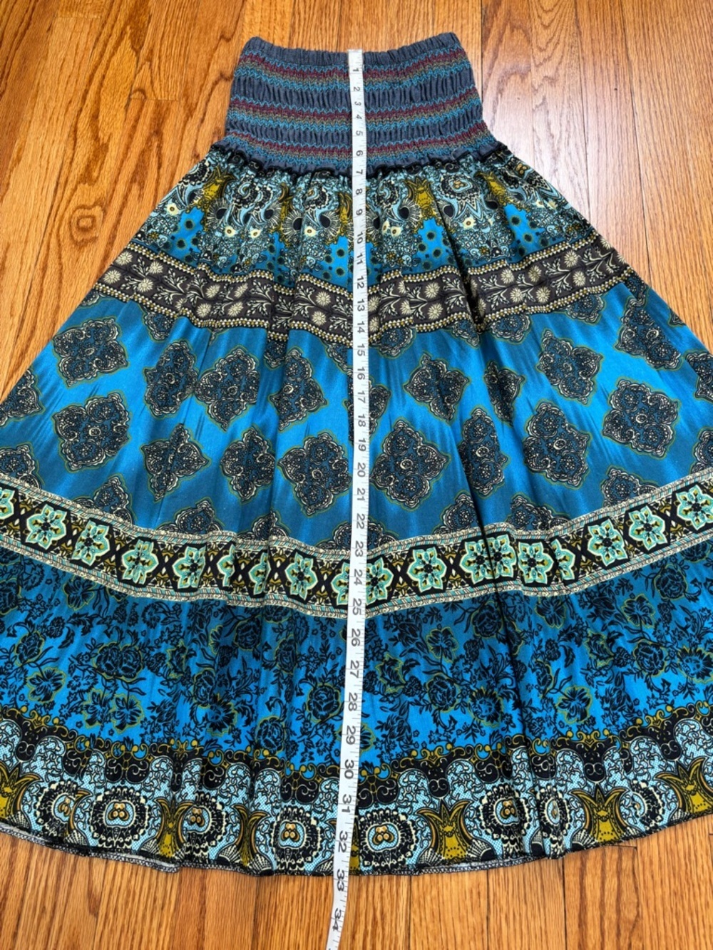 NEW Y2K boho cottage ethnic print smoked high rise pleated A-line Midi Skirt XS - Picture 8 of 16